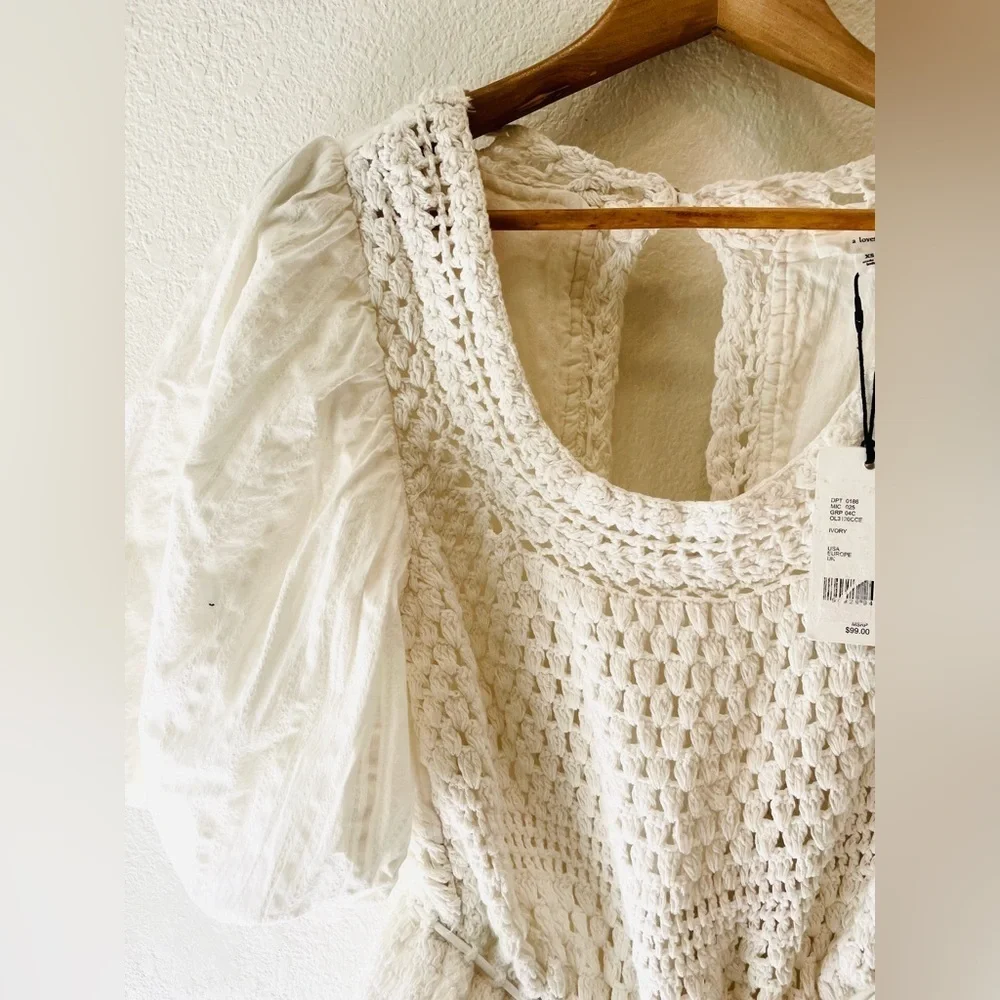 NWT A Loves Puff Sleeve Crochet Mixed Media Baby Doll Dress in Ivory Size XS - Picture 4 of 4